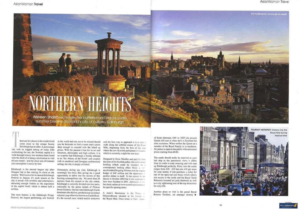 The opening spread of Northern Heights, a travel feature on Edinburgh in Asian Woman magazine