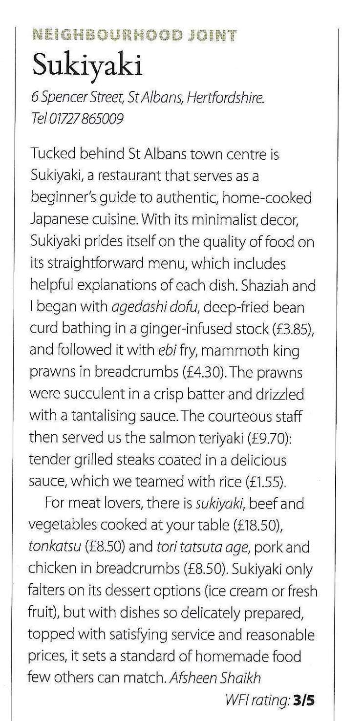 My restaurant review of Sukiyaki in St Albans, Waitrose Food Illustrated, January 2007